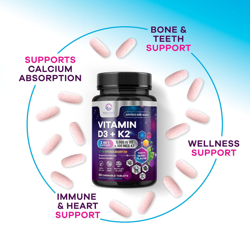 Vitamin D3 K2 - 5000 IU Vitamin D3 & 100 mcg Vitamin K2 MK-7 per Serving - Bone, Heart, & Immune Health Support - Calcium Absorption - D3K2 Berry Chew, Gluten Free, Non-GMO, Bottled USA - 60 Tablets 60 Count (Pack of 1)