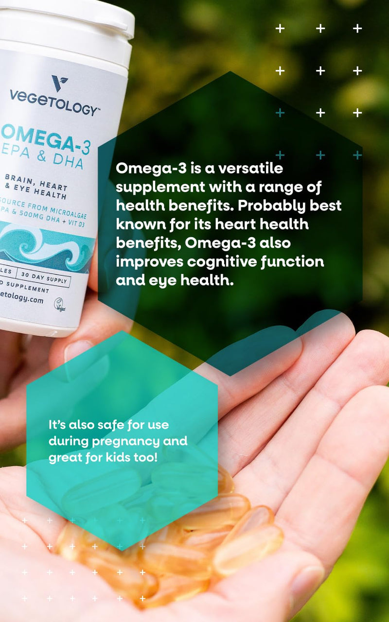 VEGETOLOGY Vegan Omega 3 Supplement (60 Capsules) – Omega-3, EPA, Vitamin D3 & DHA Supplements - Algae Omega 3 Vegan Supplements for Brain, Eye, & Heart Health – Omega 3 for Kids & Adults 60 Count (Pack of 1)