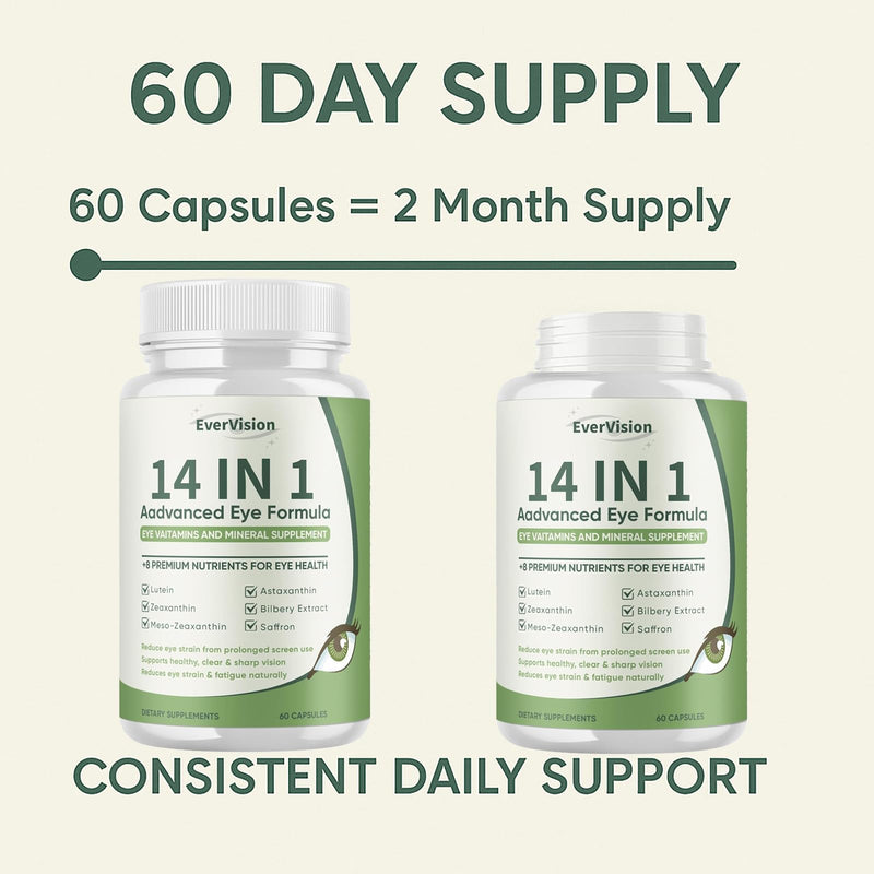 14 in 1 Advanced Eye Formula - Eye Vitamins & Minerals Supplement with Lutein, Zeaxanthin, Astaxanthin, Bilberry, Zinc, 14-in-1 Formula for Eye Health Support - 60 Capsules (1)
