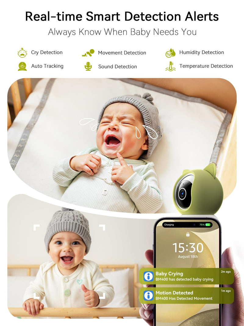 Outinput 2K 4MP WiFi Baby Monitor with Camera and Audio, App Control PTZ, Crying/Feeding/Temp/Humidity Alerts, Night Vision wtih Gentle Light, Soothing Lullabies for Baby Sleep, Cloud&Local Storage