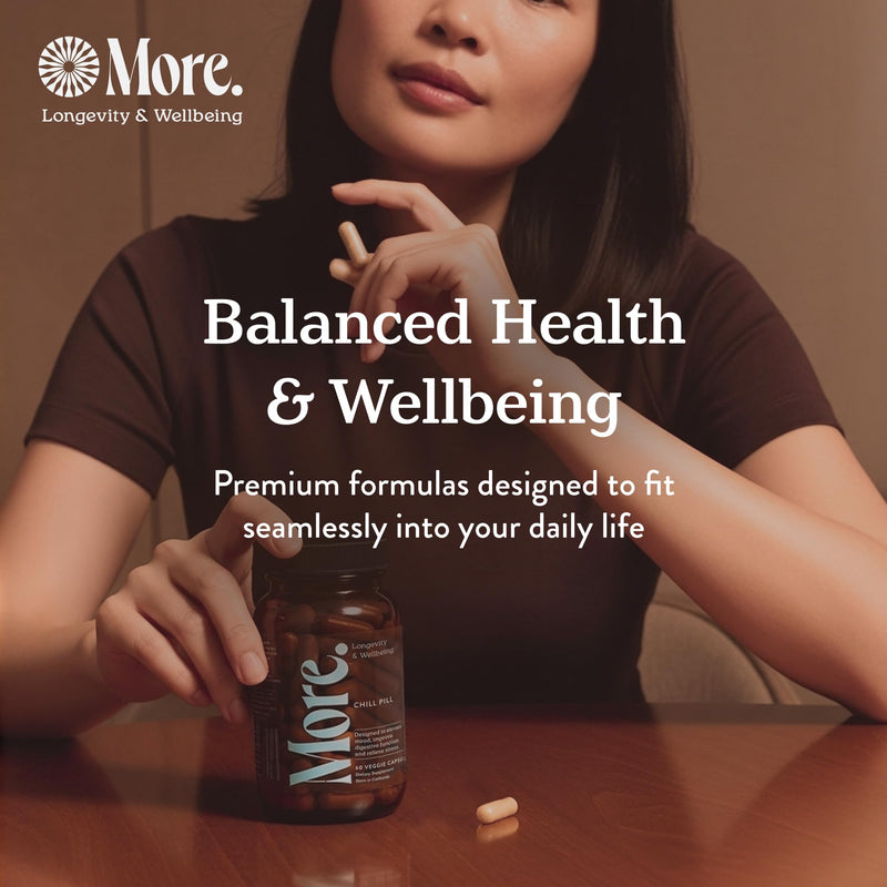 More. Longevity & Wellbeing Chill Pill Mood Support Supplement, Ashwagandha Supplements with Adaptogens, Antioxidants, Amino Acids & Plant Extracts for Stress Support & Digestion, Made in USA, 60 Caps