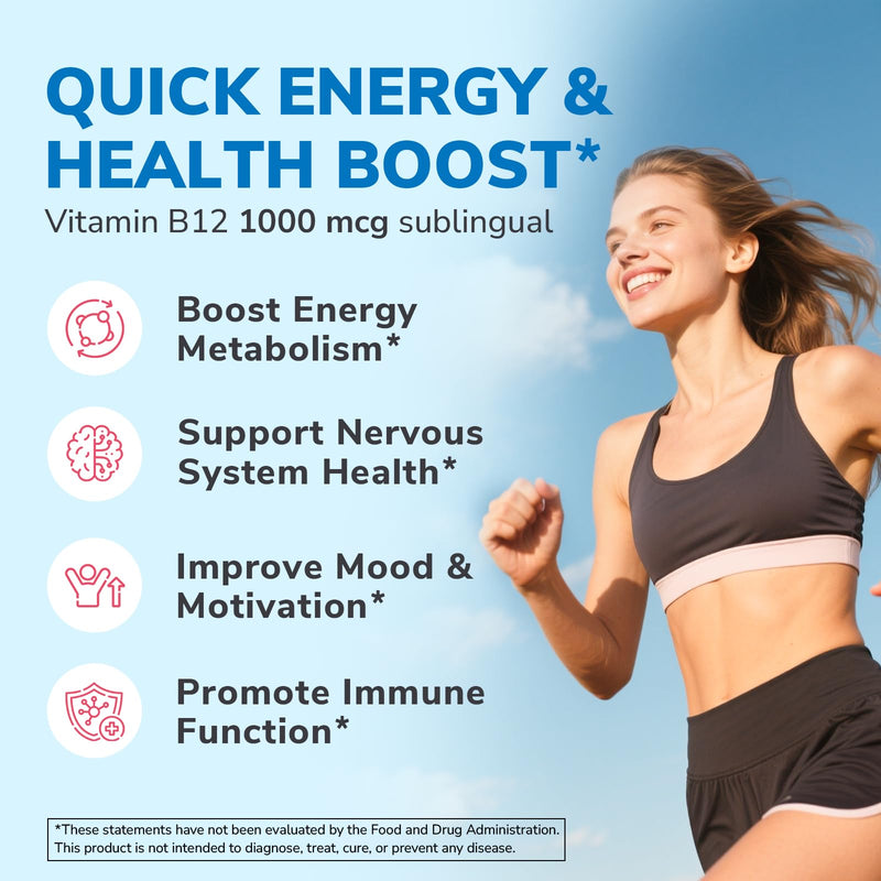 Vitalibre Vitamin B12 1000 mcg, Sublingual Methylcobalamin, Natural Peach Flavor, Nervous System Health, Energy Support, No Sugar, 120 Fast Dissolve Tablets