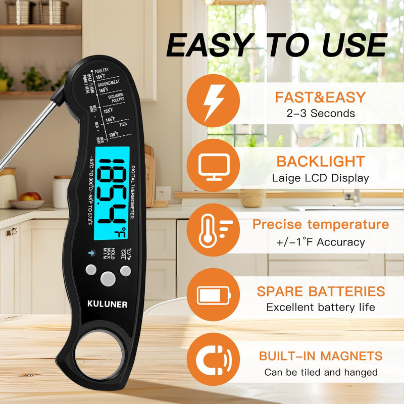 KULUNER TP-01 Waterproof Digital Instant Read Meat Thermometer with 4.6 Folding Probe Backlight Calibration Function for Cooking Food Candy, BBQ Grill, Liquids,Beef(Black) Black - BeesActive Australia