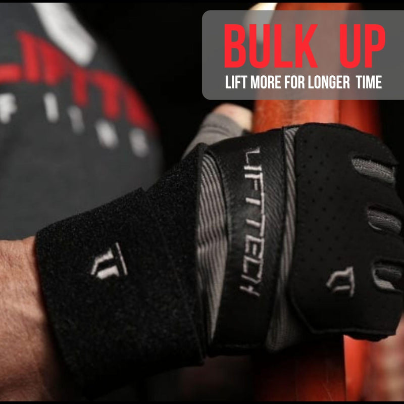 Lift Tech Men's Klutch Weight Lifting Gloves with Wrist Support - Weight Lifting Gloves for Men Into Weights, Strength Training, Powerlifting - Wrist Support Gloves - Black & Silver Medium