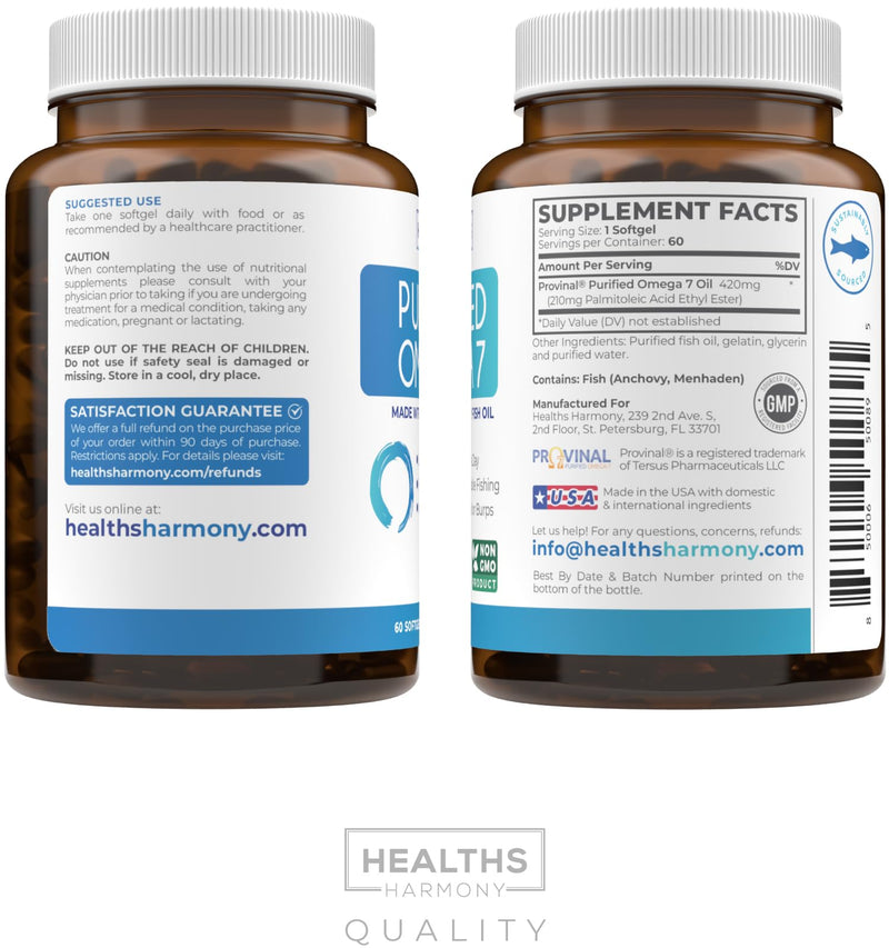 High Potency Omega 7 Supplement for Women and Men (2 Month Supply) | Palmitoleic Acid Fatty Acid Fish Oil Supplement from Sustainably Sourced Patented Provinal with Lowest Palmitic Acid 60 Count (Pack of 1)
