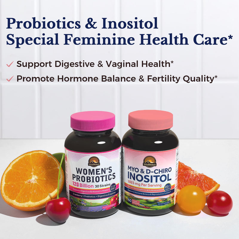 Vitalitown Inositol Supplement for Women, Myo-Inositol & D-Chiro Inositol, Ideal 40:1 Ratio, Hormone Balance & Healthy Ovarian Support for Women, Vitamin B8, Vegan, 60 Capsules, No Gluten