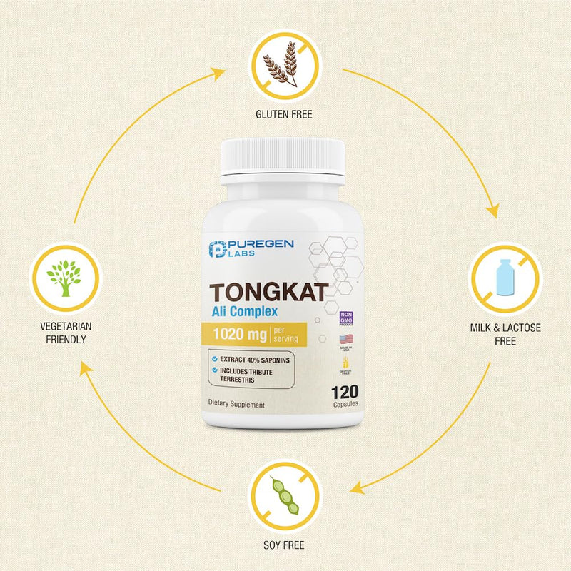 Puregen Labs Tongkat Ali Extract 200 to 1 for Men, 1020mg per Serving, [High Potency] Total 240 Capsules - Men's Health Support with 20mg Tribulus Terrestris | Non-GMO, Gluten Free, Made in USA 2 - BeesActive Australia