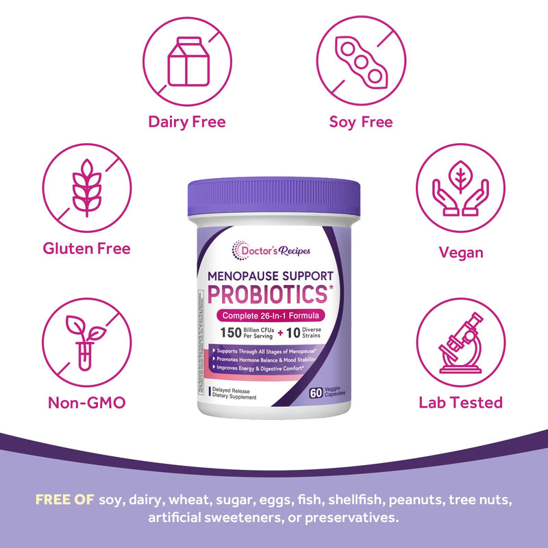 Doctor's Recipes Menopause Supplements for Women, Probiotics 150 Billion CFU, Black Cohosh for Menopause Hot Flashes, Ashwagandha, Dong Quai, Supports Mood, Energy, Hormone Balance, 60 Capsules