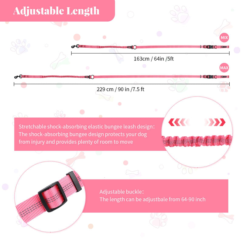 Hands Free Dog Leash Heavy Duty, Multifunctional Adjustable Hands Free Dog Leash Durable Reflective Stitches Hands Free Leash with Car Safety Buckle Waist Leash for Dog Walking Running Hiking 5-7FT Pink - BeesActive Australia