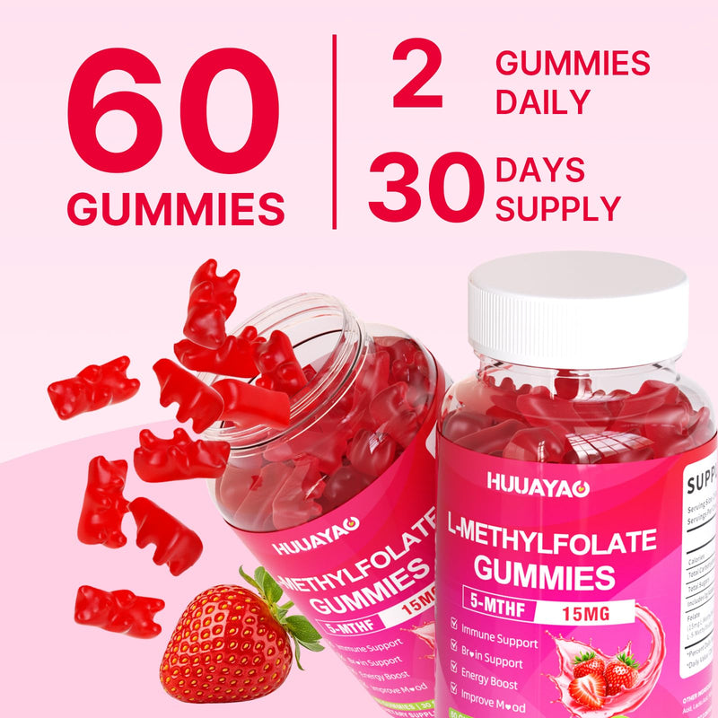 L-Methylfolate 15 mg Gummies, Methylfolate Supplement, Folate 5-MTHF Supplement for Support Mood, Brain Health, Immune System, Sugar Free, Strawberry Flavor, 60 Count 60 Count (Pack of 1)