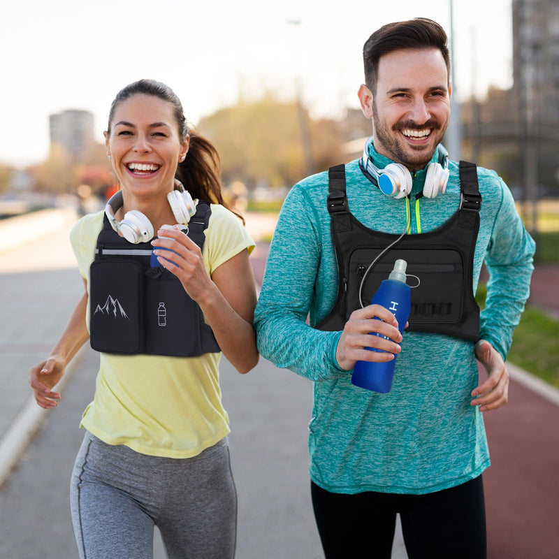 Running Chest Pack for Men Women: Outdoor Sports Lightweight Front Vest Bag - Water Resistant Built-In Phone Holder for Cycling Hiking Workout Jogging Skiing Black