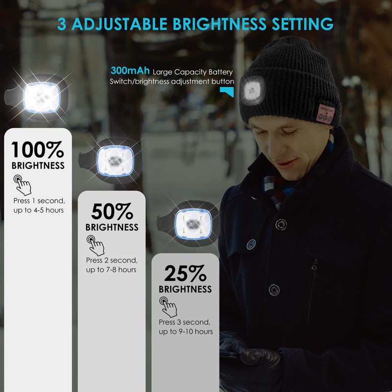 Bluetooth Beanie Hat with Light for Men, Rechargeable 4 Led Headlamp Cap Wireless Headphones, Unique Gifts for Men Dad Teen-Black