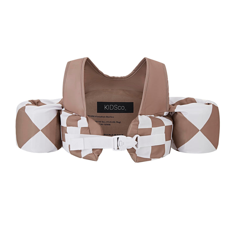 KIDSco Swim Vest for Kids 30-50 lbs. A Puddle Jumper Swimming Float Aid with Shoulder Straps and Arm Water Wings. for Boys and Girls Aged 2-6 Tan Checkerboard