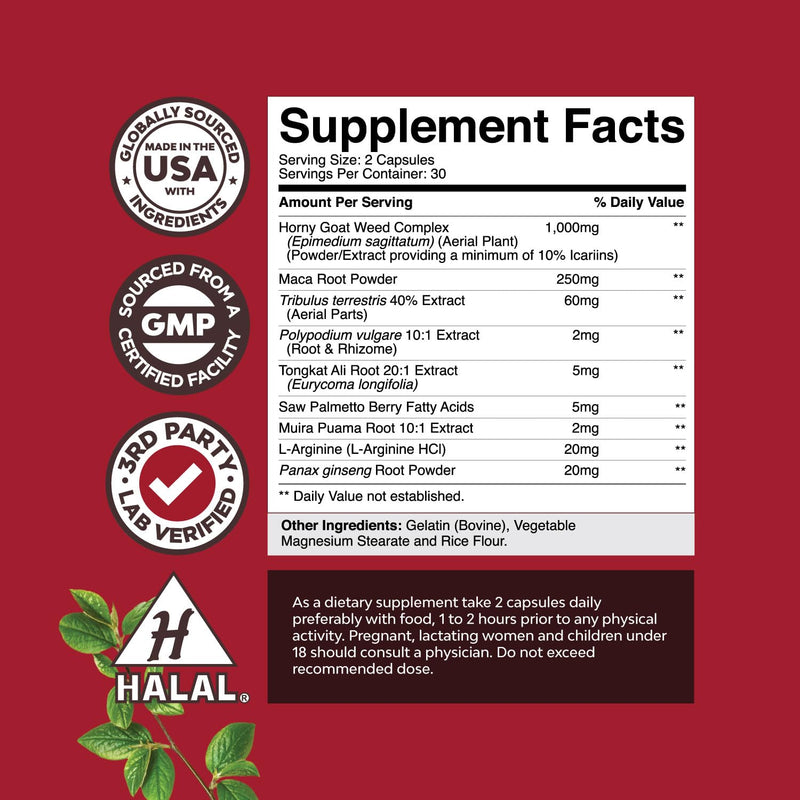 Horny Goat Weed Extract Complex - Invigorating Blend with Tribulus Saw Palmetto L Arginine and Tongkat Ali Extract and Maca Root for Men and Women for Enhanced Energy and Stamina - 30 Servings 60 Count (Pack of 1) - BeesActive Australia