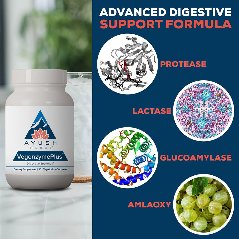 Ayush Herbs VegenzymePlus, Digestive Enzymes for Women & Men, 60 Servings | Enzymes for Digestion with Bromelain, Lipase, Lactase, Protease, 100% Vegetarian Gut Health Supplement