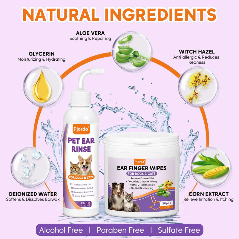 Dog Ear Cleaner Kit - Dog Ear Finger Wipes and Ear Cleaner Solution for Dogs and Cats, Gently Remove Ear Wax & Debris, Soothe Ear Itching, Deodorize, Pet Ear Wash with Aloe Vera & Witch Hazel - BeesActive Australia