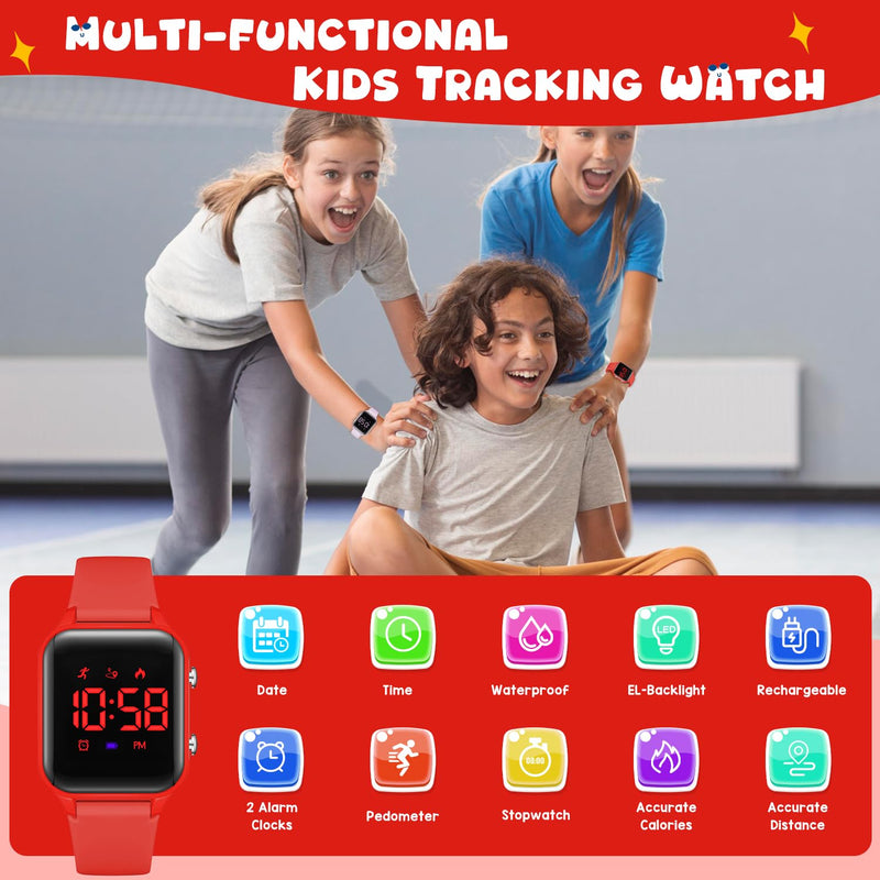 Kids Digital Watches for Boys Girls, Sports Watch with Fitness Tracker, Pedometer, Alarm Clocks, Stopwatch, No App Needed Waterproof Kids Watch, Gift for Teens Student Girls Boys Ages 5-14 L6615E-Red - BeesActive Australia