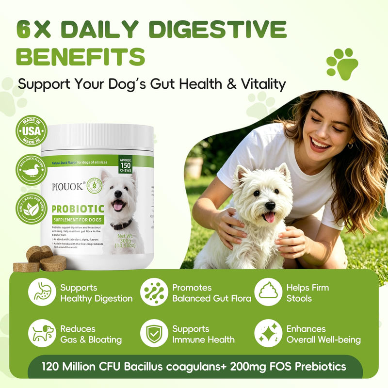 Dog Probiotics + Multivitamin Supplement, 15 in 1 Probiotic Chews for Dogs with Glucosamine Cranberry - 150 Soft Chews, Duck Flavor, Digestive Health, Diarrhea, Allergies, Joint Support, Immune System