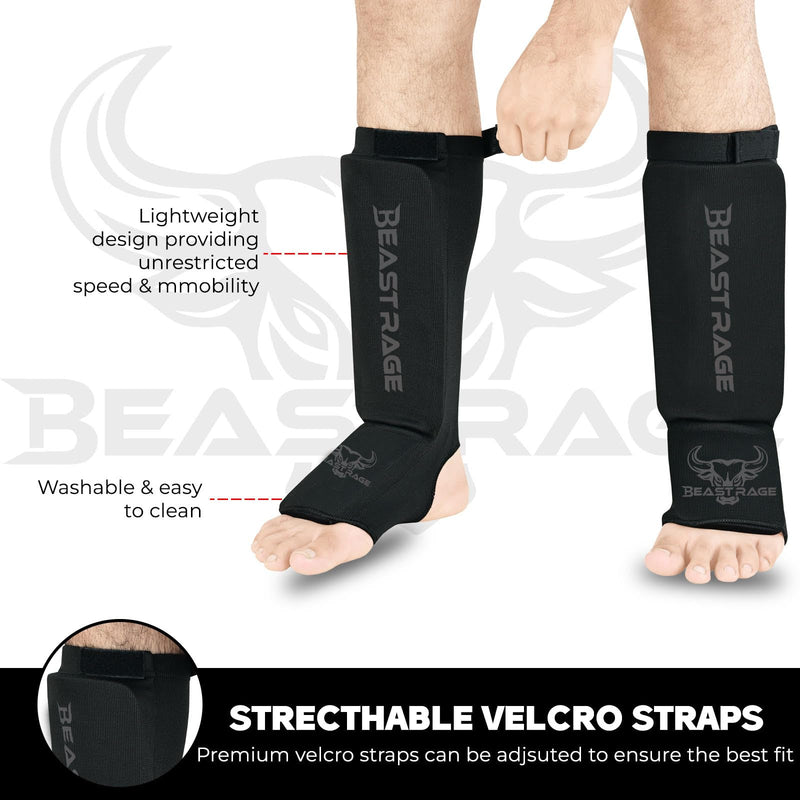 BEAST RAGE Shin Guards for Muay Thai, Kickboxing, MMA Leg Guards Martial Arts Taekwondo, Boxing, Elasticated Sock Padded Leg Instep Pads, Shin Pads,Sparring Training, Karate BJJ BLACK Medium