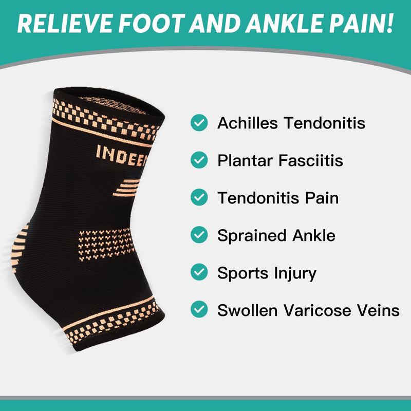 INDEEMAX Copper Ankle Brace for Men and Women, Ankle Compression Sleeve Ankle Support Brace for Sprained Ankle, Plantar Fasciitis, Running, Foot Pain Relief, Achilles Tendonitis (L) Golden Black Large - BeesActive Australia