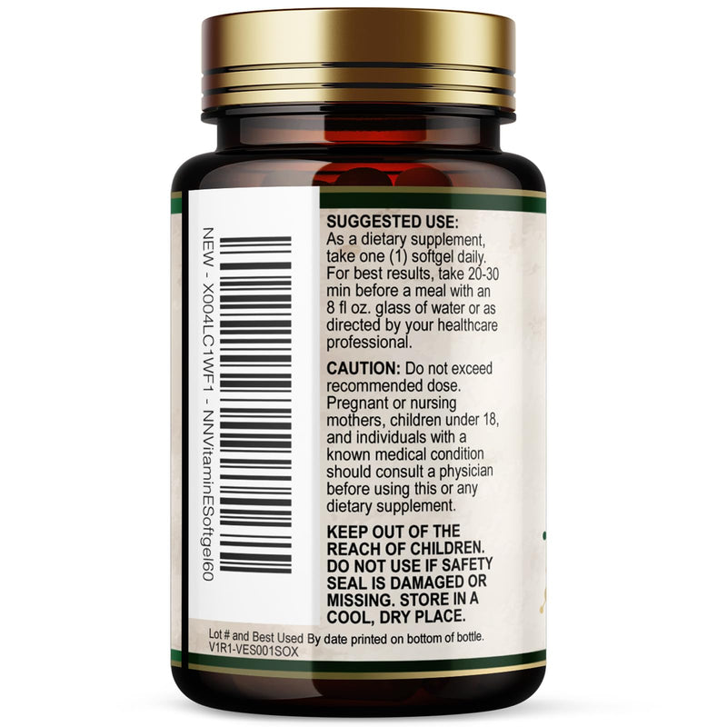 Vitamin E 180mg Per Serving - E Vitamins DL-Alpha, Antioxidant-Rich Dietary Supplement for Skin, Heart, and Immune Support, USA Bottled, Easily Absorbed, Non-GMO & Gluten Free - 60 Softgels 60 Count (Pack of 1)