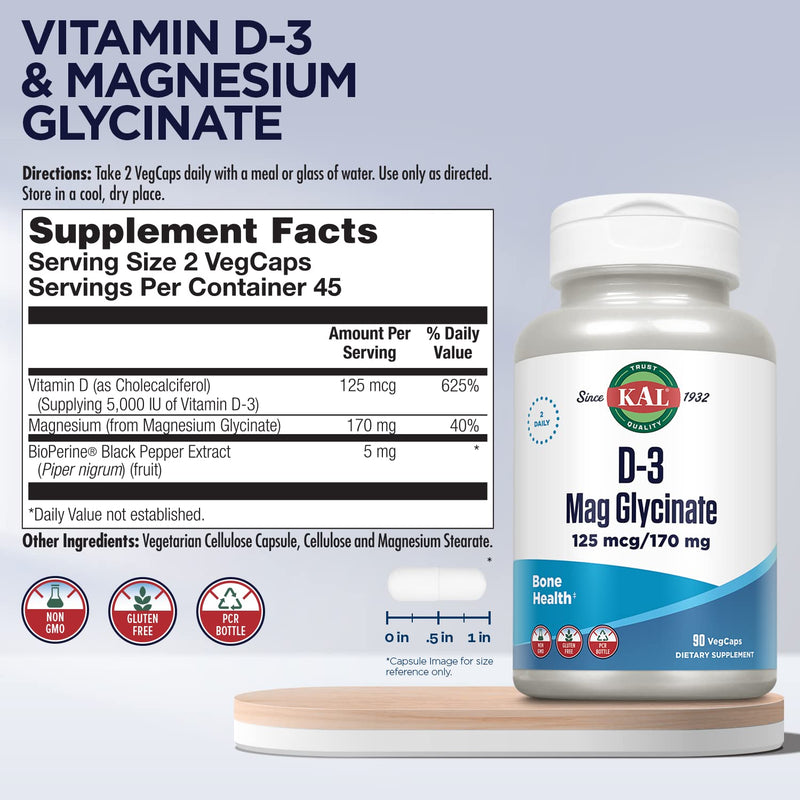 KAL Vitamin D3 & Magnesium Glycinate, Enhanced Absorption Formula with BioPerine, Muscle & Bone Health Support, Immune Support & More, Non-GMO, Gluten Free, 45 Servings, 90 VegCaps Unflavored 90 Count (Pack of 1)
