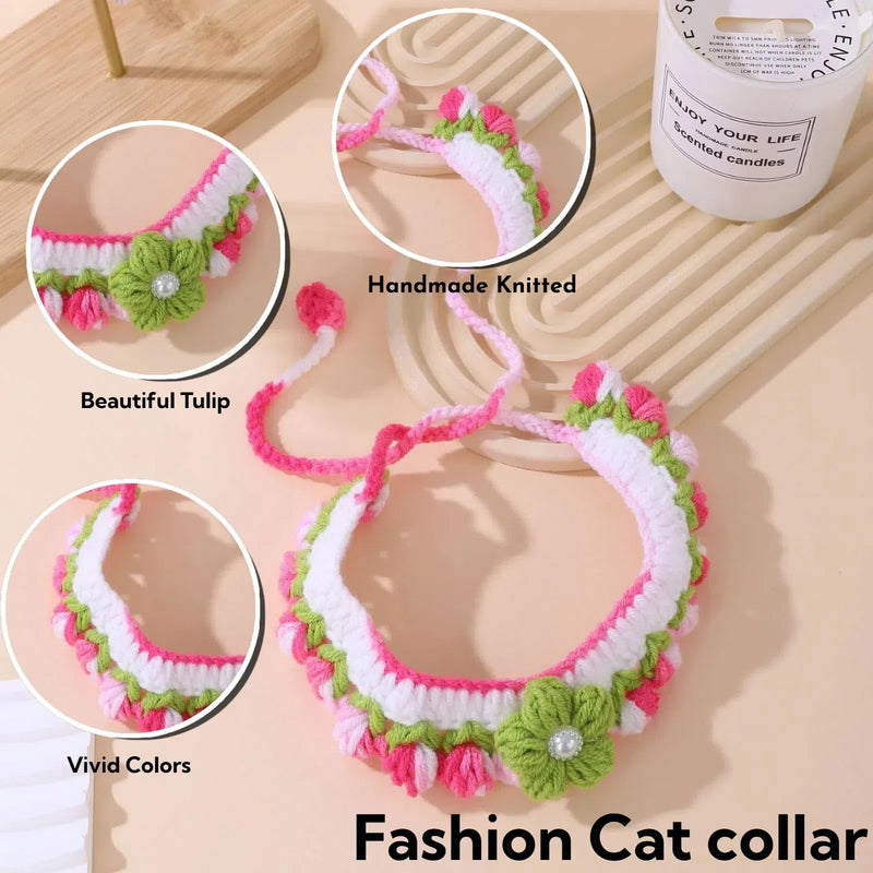 2pcs Handmade Knitted Cat Collars：Breakaway Kitten Collars，Vibrant Colors Pet Scarfs, Flowers Cat Bandana, Cute Cat Collar，Comfortable for Kitty, Puppy, and Rabbit Cartoon - BeesActive Australia