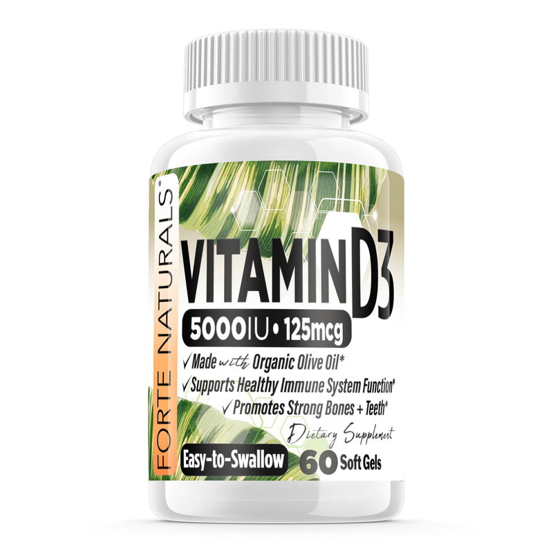 Vitamin D3 5000 IU Supplement 125 mcg Soft Gels Specially for Sensitive Stomachs Supplements with Organic Olive Oil Best Vitamin D3 Supplement for Women & Men Made in USA