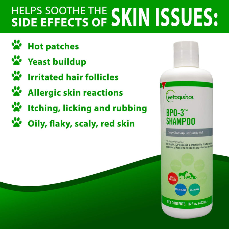 Vetoquinol BPO-3 Shampoo for Dogs, Cats & Horses (3% Benzoyl Peroxide) – 16oz – Deep Cleaning, Medicated Shampoo Opens & Flushes Hair Follicles – Degreases Oily Coats – Soothes Red, Flaky, Itchy Skin - BeesActive Australia