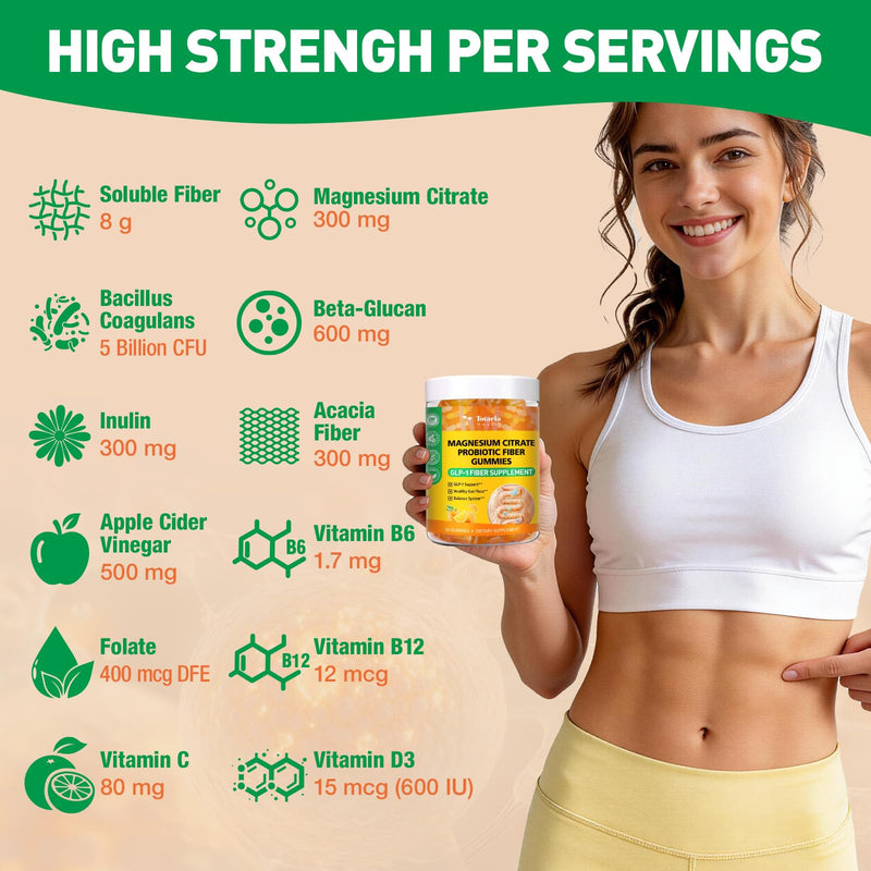 Orange Probiotic Fiber Gummies for Adults Teens, 60 Soluble Fiber Gummies | Fiber Supplement w/ Apple Cider Vinegar, Magnesium Citrate, FOS, Bacillus Coagulans, Inulin, Acacia for Digestion & Gut