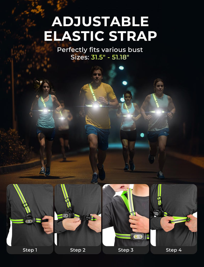 Running Lights for Runners with Reflective Straps, 500 LM 7 Modes & 45° Adjustable Running Light, IPX4 Waterproof Reflective Vest Safety Light for Night Walking Hiking Cycling, 3.5-20h Use Time 31.5 - 51.18"chest size