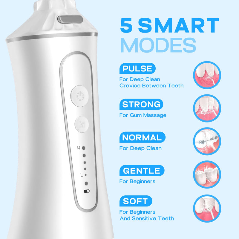 Water Dental Flosser Cordless, Portable Oral Irrigator with 5 Modes, 300ML Tank, Rechargeable, IPX7 Waterproof, Travel & Home Teeth Cleaner for Braces and Gums