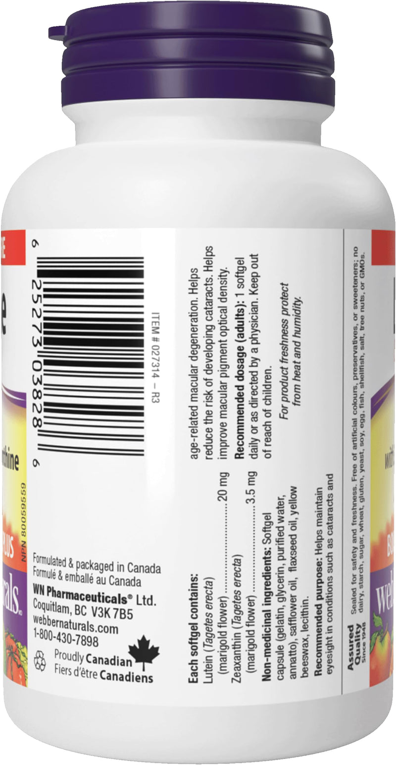 Webber Naturals Extra Strength Lutein with Zeaxanthin Softgel | Eye Support Vitamin Supplement with Zeaxanthin, Extra Strength