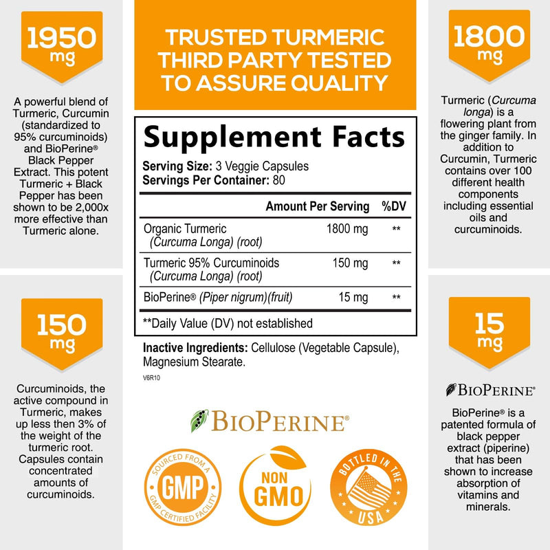 Turmeric Curcumin with BioPerine 95% Standardized Curcuminoids 1950mg - Black Pepper Extract for Max Absorption, Nature's Joint Support Supplement, Herbal Turmeric Pills, Vegan Non-GMO - 240 Capsules 240 Count (Pack of 1) - BeesActive Australia