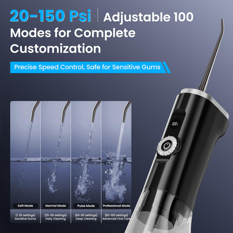 Water Flosser Teeth Picks, 100 Power Levels (150-PSI Variable Pressure) Cordless Floss for Tooth Cleaning and Flossing, 300ml Capacity Electric Floss Oral Irrigator for Adults Black