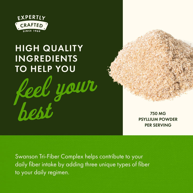 Swanson Tri-Fiber Complex Digestive Health, 100 Capsules, 4 Pack | Digestive Health Supplement with Psyllium, Oat Bran and Apple Pectin for Adults Seeking Bowel Regularity Support 100 Count (Pack of 4)