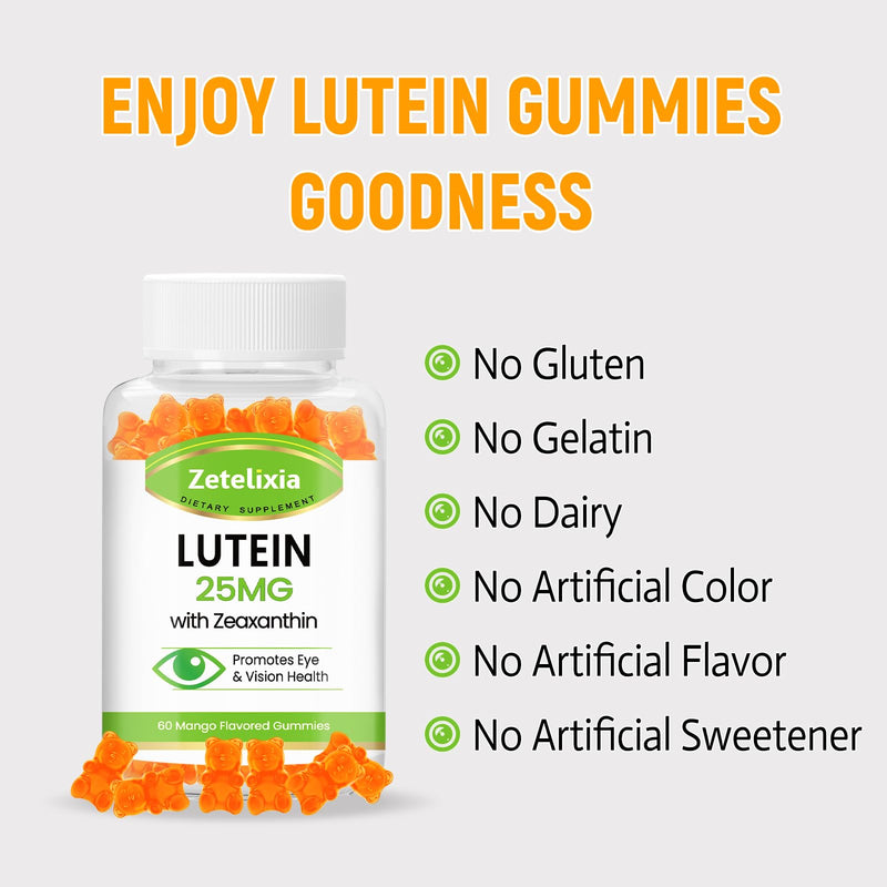 Lutein Gummies 25mg - Eye Vitamins Lutein & Zeaxanthin Eye Health Supplements for Adults,Sugar Free Eye Health Gummies Supplement - Support Vision,Macular,Blue Light Filtering (60 Count) 60 Count (Pack of 1)