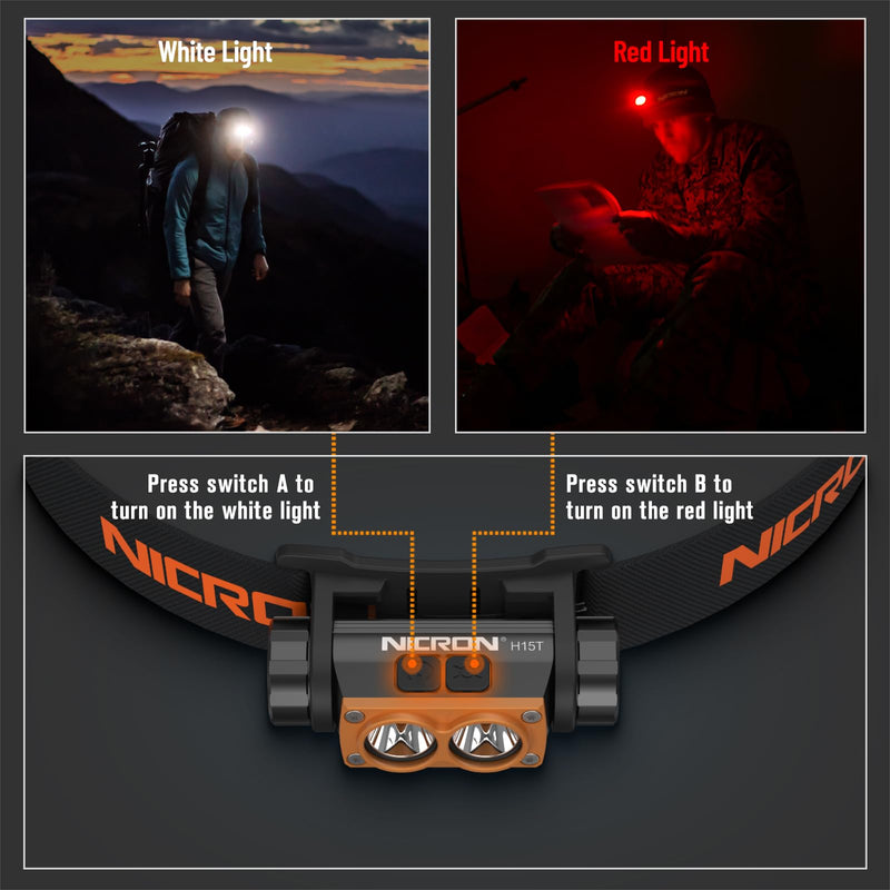 NICRON H15T Headlamp Rechargeable, 500 Lumens LED Headlamp with Red Light, IP67 Waterproof 8 Modes Head Leamps for Camping Running Fishing Adults Black - BeesActive Australia