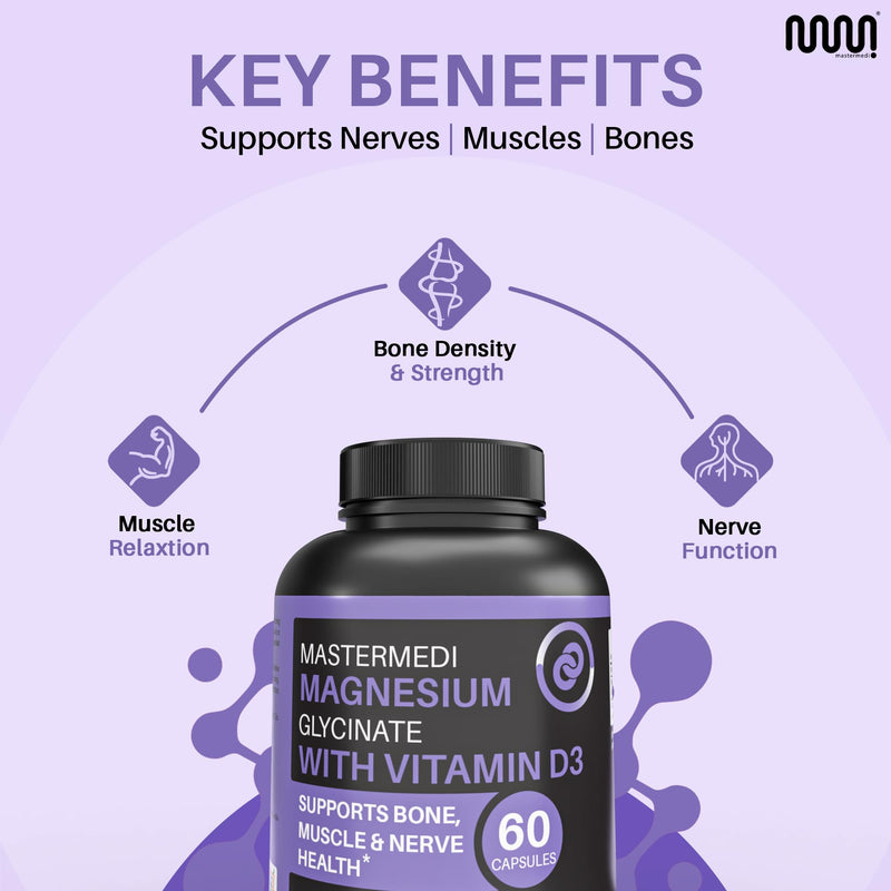 MasterMedi Magnesium Glycinate 100mg with Vitamin D3 – High Absorption Formula – Supports Sleep, Muscle Relaxation, Stress & Bone Health – 60 Capsules, 2-Month Supply