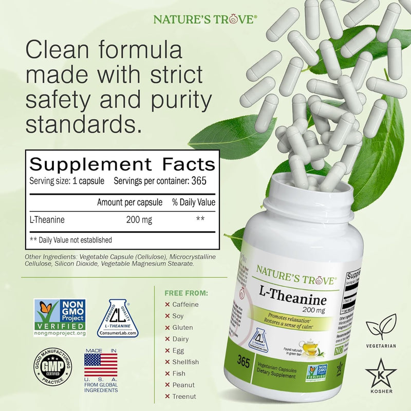 Nature's Trove L-Theanine 200mg Super Value Size - 365 Vegetarian Capsules