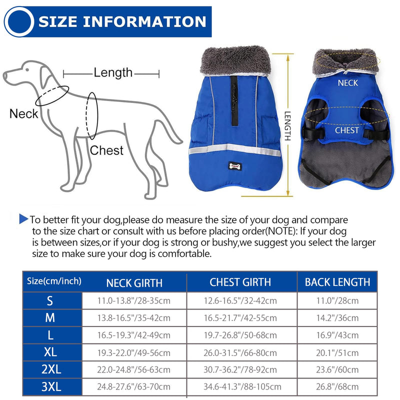 QBLEEV Warm Dog Coat Reflective Dog Jacket, Waterproof Dog Winter Coat Turtleneck Dog Clothes for Cold Weather, Thick Fleece Dog Snowsuit Christmas Dog Vest Pet Apparel for Small Medium Large Dogs L Large（Pack of 1） Blue - BeesActive Australia