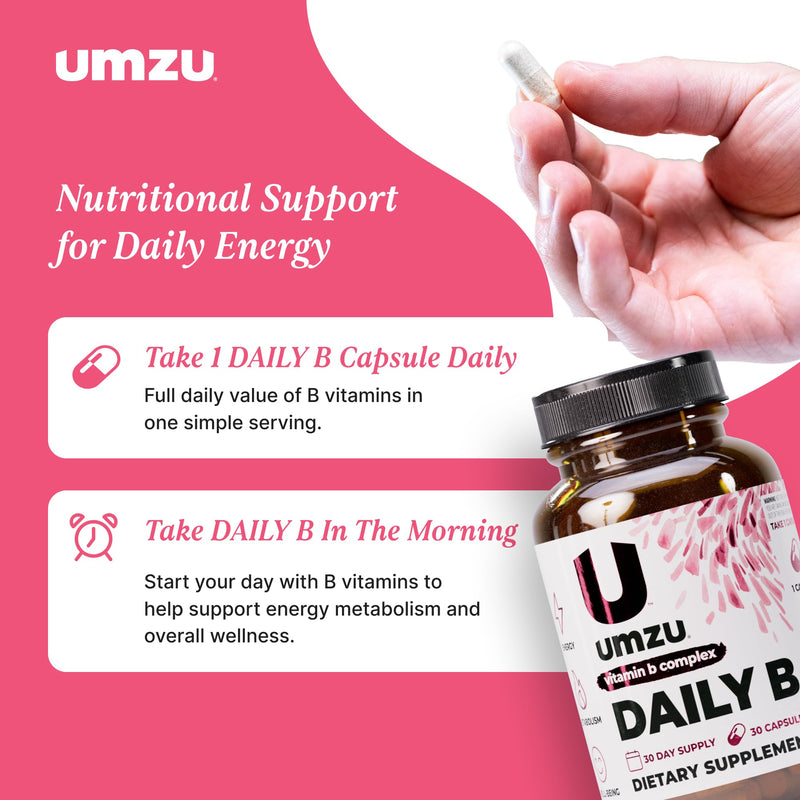 UMZU Daily B Vitamin B Complex, 30 Day Supply | Vitamins B1, B2, B3, B5, B6, B7, B9 and B12, Folic Acid and Biotin, Energy, Focus, Mood and Metabolism Support