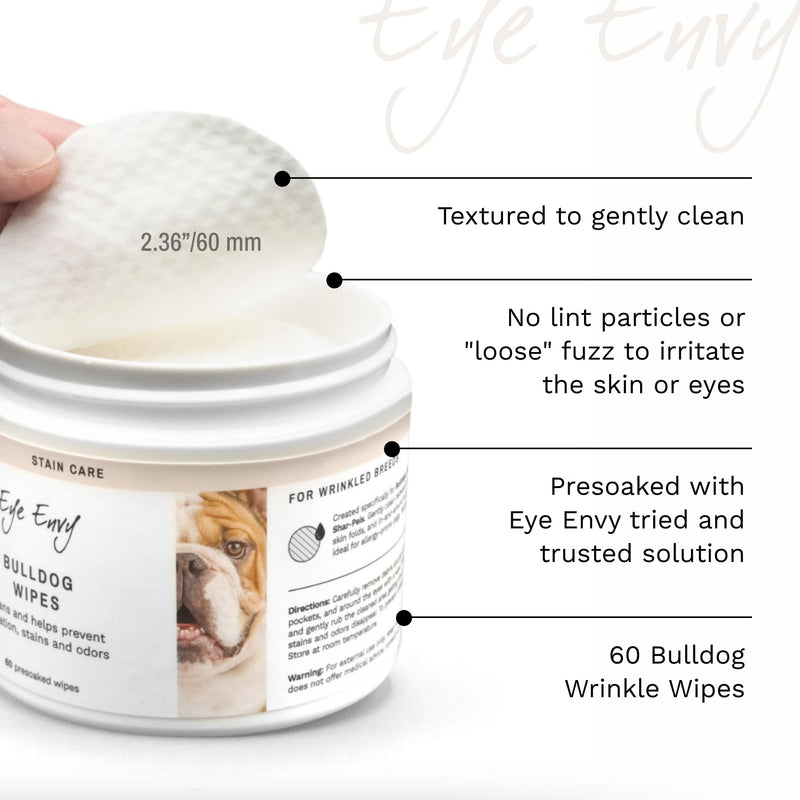 Eye Envy Bulldog Wrinkle Wipes. Wrinkle Wipes for French Bulldog, Pug, English Bulldog. Cleans Wrinkles, Bulldog Tail Pockets. Removes Stains and Odors. Natural, Unscented Wipes. USA Made. 60 Count - PawsPlanet Australia