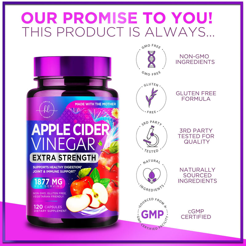 Apple Cider Vinegar 1877mg Per Serving - Extra Strength ACV Pills with Vitamin D3 - Non-GMO Apple Vinegar Supplement Capsules Sourced from The Mother for Digestion & Immune Support - 120 Capsules 120 Count (Pack of 1)