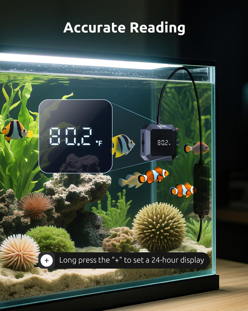 Aquarium Thermometer Submersible, Digital Fish Tank Thermometers with USB for GlassTank, Aquariums Temperature Gauge ±1℉ Accurate, Suitable for Fish, Turtle, Saltwater or Freshwater, 6.56ft Power Cord Black