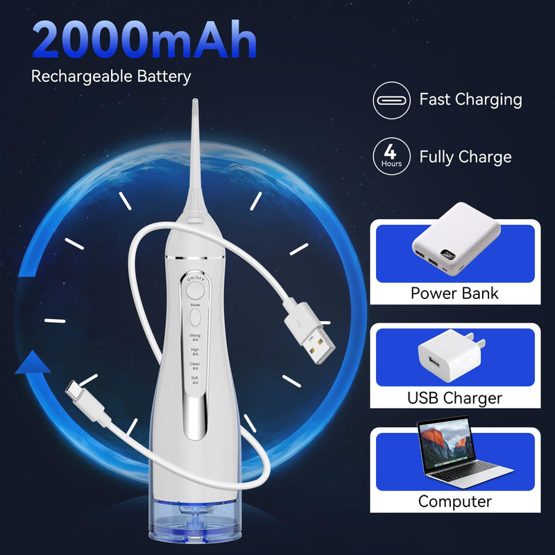 Water flossers for Teeth Pick, Portable Oral Irrigator Dental with 4 Modes 5 Jet Tips, IPX7 Rechargeable Water Tooth Flosser for Braces Sensitive Gum Care，300ml Tank for Home Travel Use White