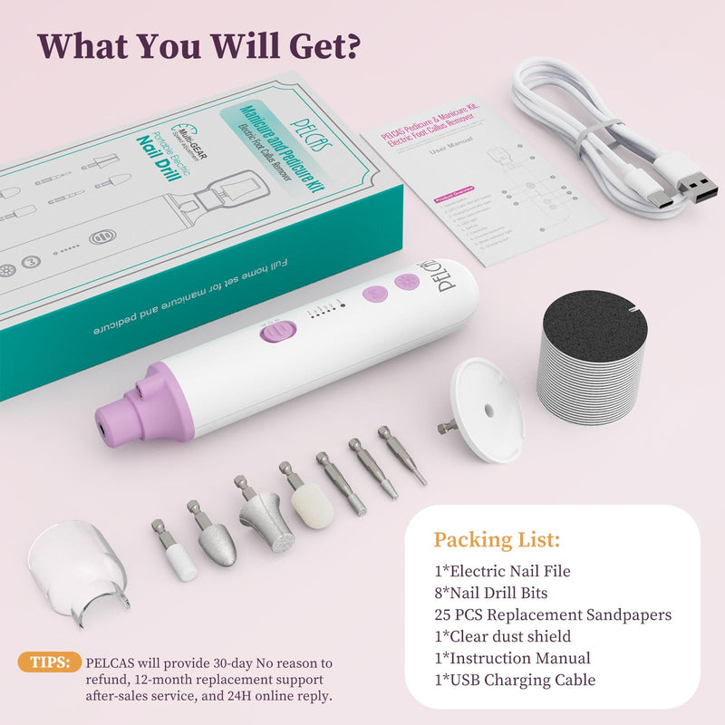 PELCAS Toenail Grinder for Thick Toenails 8 in 1 Manicure & Pedicure Kit, 5 Speeds Cordless Nail Drill with LED Light Electric Foot Callus Remover for Foot Callus, Thick Nails, Finger Nails Pink