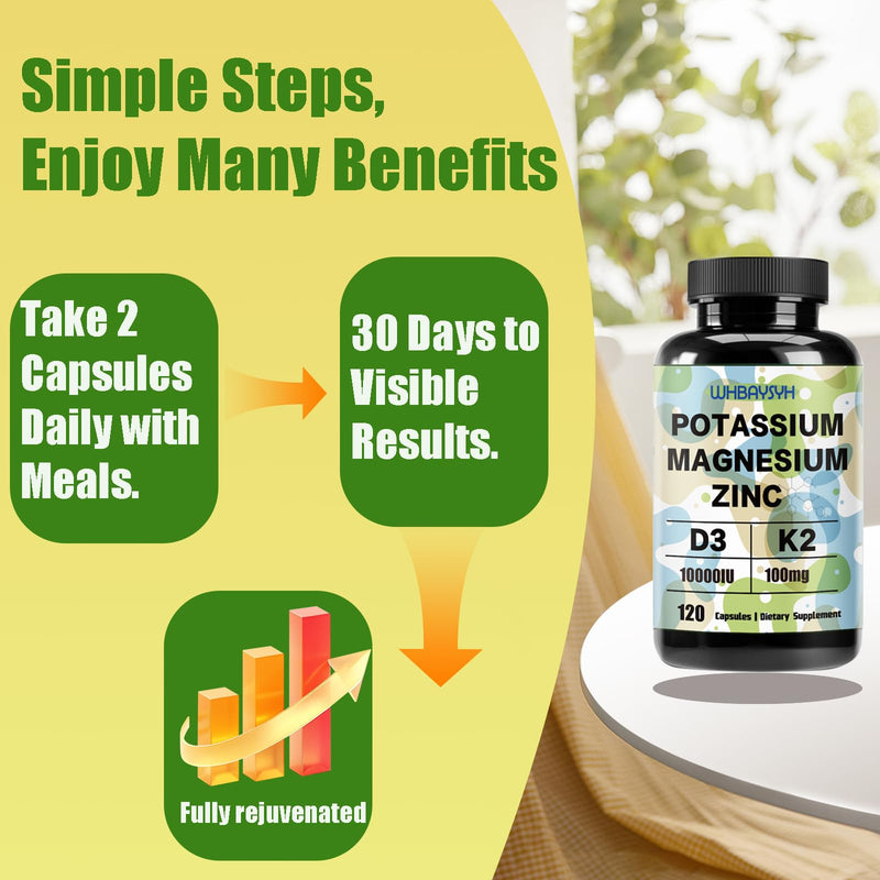 Potassium Magnesium Supplement,Potassium Magnesium Zinc with Vitamin D3 &K2,High Strength Electrolyte Balance,Support Energy,Vegan,Non-GMO,120 Veg Capsules(Pack of 1)