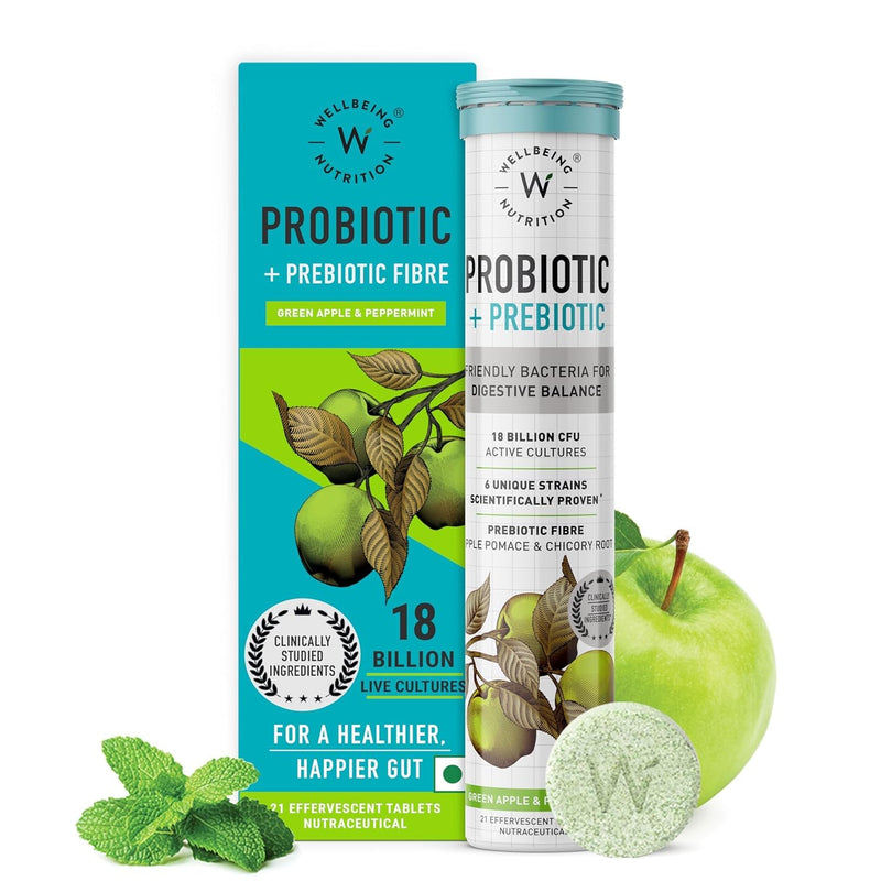 Wellbeing Nutrition Daily Probiotics + Prebiotics | Improve Metabolism, Acidity Relief, Digestion & Gut Health | 18 Billion CFU Organic Probiotics Supplement for Men & Women (21 Effervescent Tabs) 21 Count (Pack of 1)