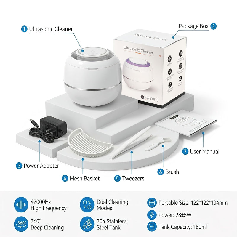 Ultrasonic Retainer Cleaner Machine, White, 42KHZ Dental Cleaning Pod For Denture, Toothbrush Heads,Jewelry, Braces, Digital Timer with 2 Modes, 180ML,304 stainless steel inner liner - BeesActive Australia